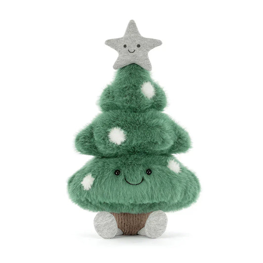 Jellycat Amuseables Christmas Tree plush toy with a green body, decorated with colorful ornaments and a smiling face.