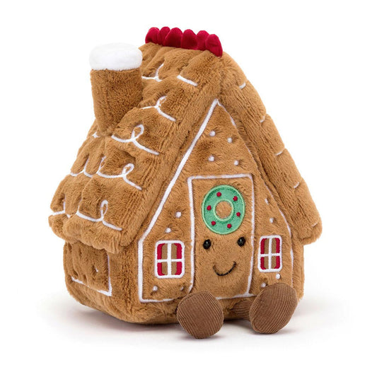 Jellycat Amuseable Gingerbread House play set featuring a cozy gingerbread house with colorful details and plush design.